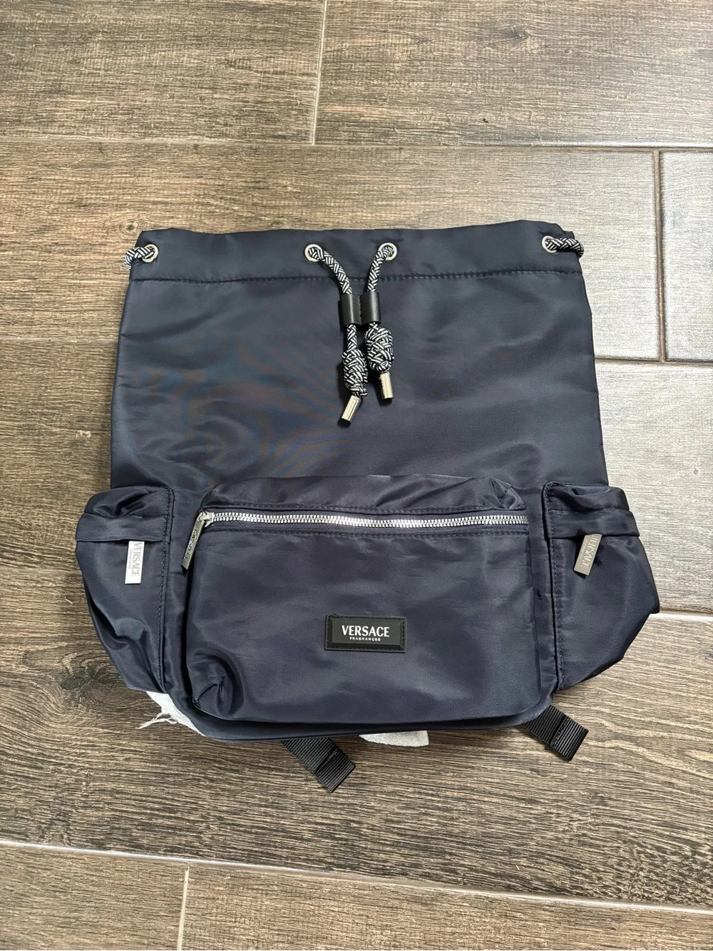Versace / Men’s Navy Drawstring Backpack w/ Front Zip Pocket Adjustable Strap